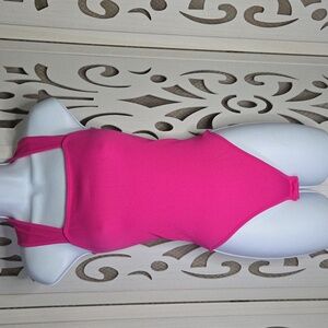 OQQ Hot Pink Ribbed Racerback Thong Bodysuit Womens Small NWOT